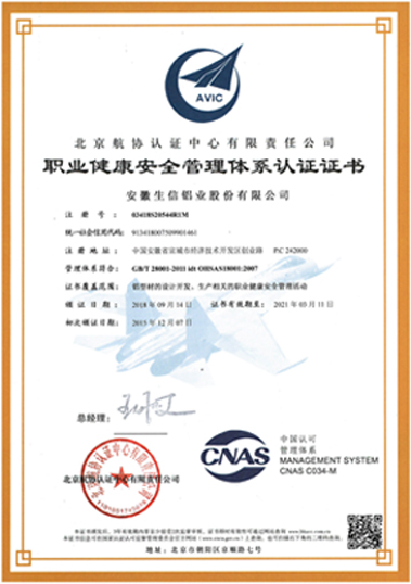 职业健康与安全管理体系认证证书
